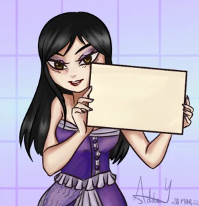 OroArt character , a young woman with black hair, brown eyes with heart shaped iris in a purple dress sleevless holding a blank board