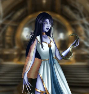 Drawing of the Orokin Queen from Warframe purple Orokin with white and gold dress on an Orokin map draw by Oro Art