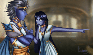 Two Orokin with one of them being The Orokin Queen arguing on a Warframe Orokin Dojo draw by Oro Art