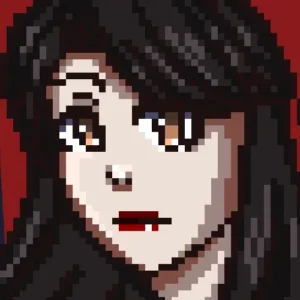 Pixel Art of a Black haired Vampire Woman with yellow eyes, by Oro Art