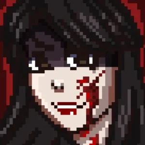 Pixel Art of a Black haired Vampire Woman with yellow eyes, by Oro Art with Blood on her face